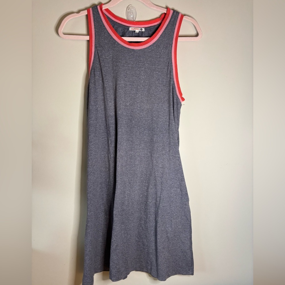 Sundry Tank Grey Midi Dress W/Red/Pink Neck pockets size 2